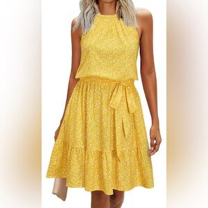 Newshows Yellow Floral Halter Ruffle Sundress Mini Dress with Pockets Sz L